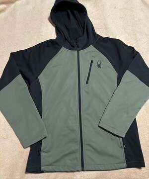Spyder Full Zip Hooded Jacket Size Large Olive Green Black Soft Shell